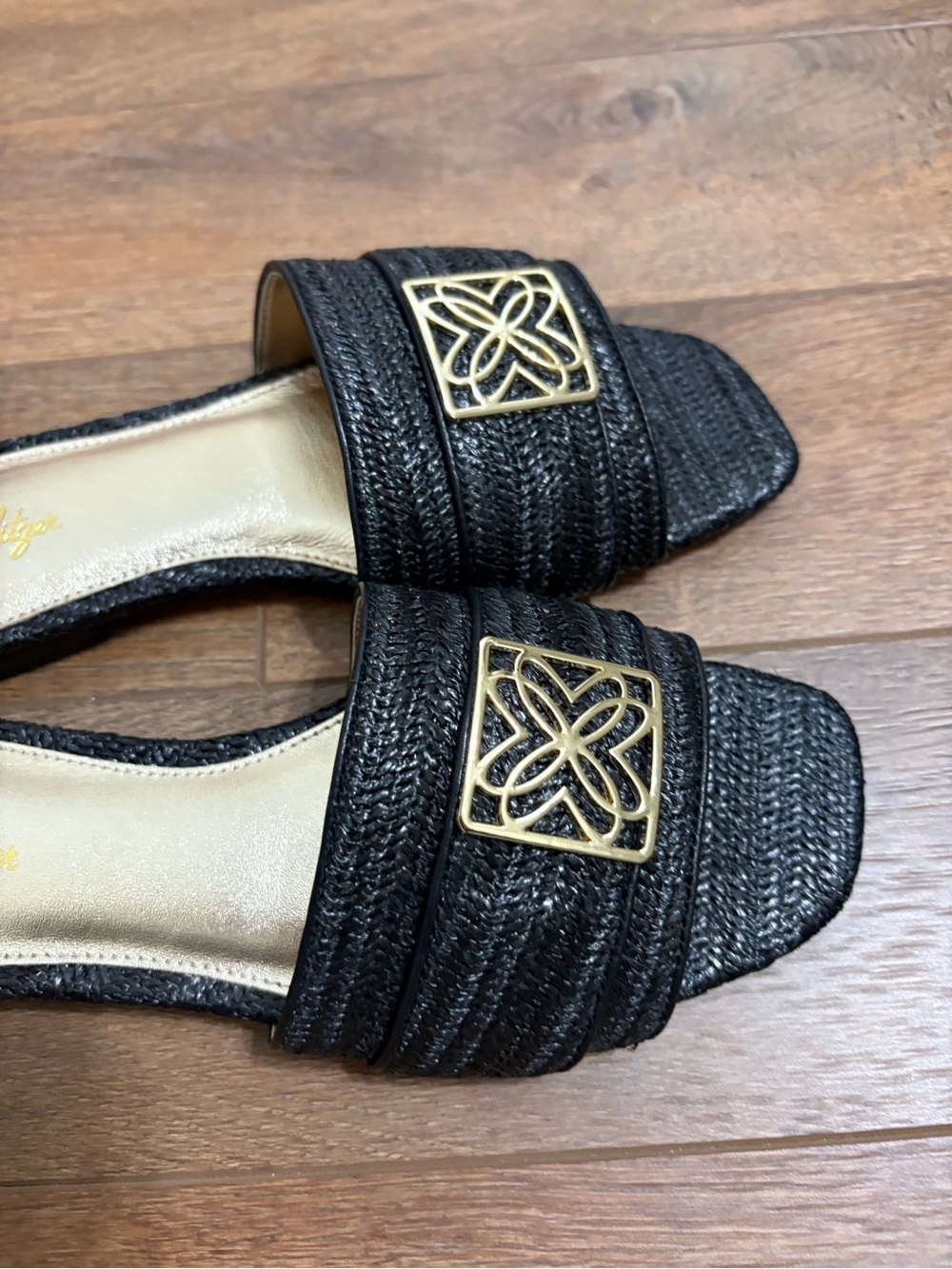Lilly Pulitzer Black Slide Sandals with Gold Emblem Size 8 Women’s - Picture 2 of 11